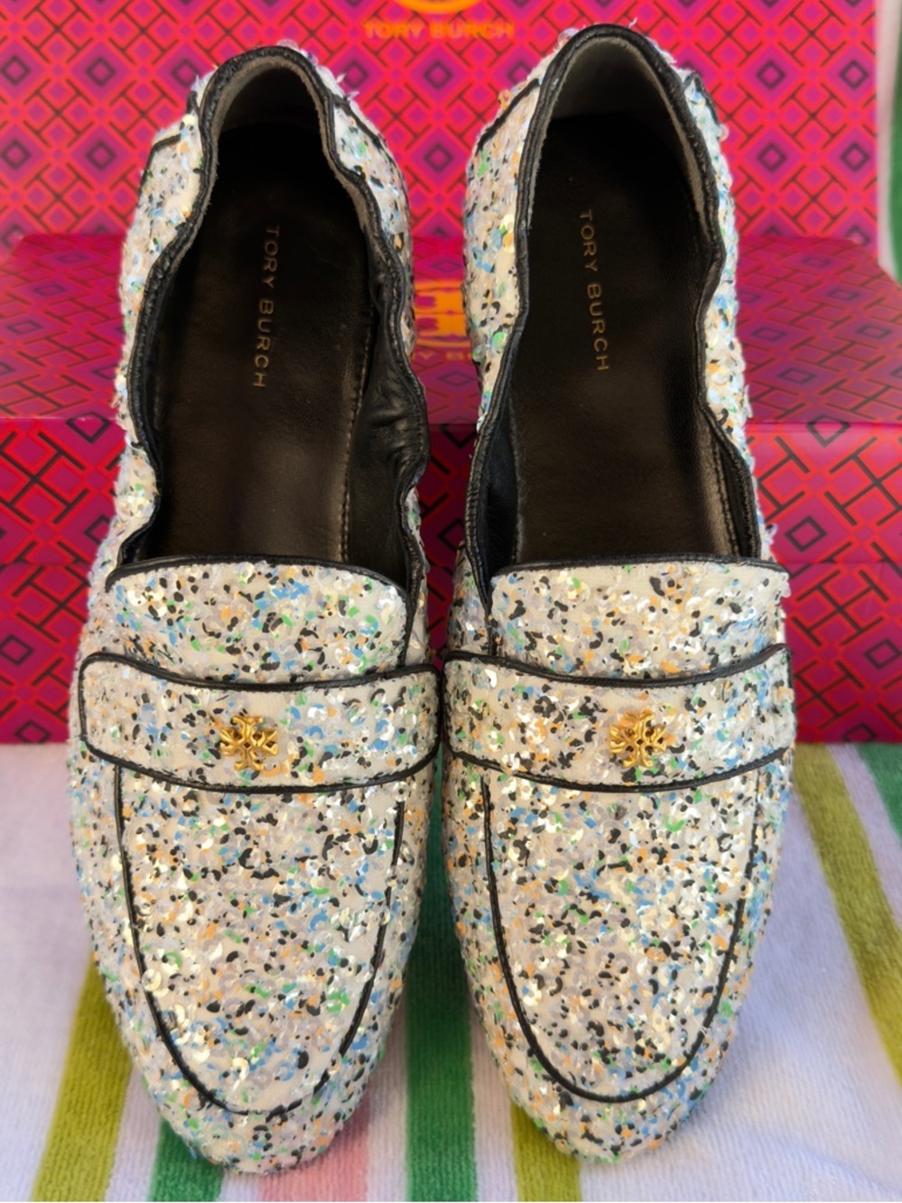 Tory Burch Ballet Mirror Sequin Navy Leather Trim Loafers US 8.5 Box NEW - Picture 2 of 14